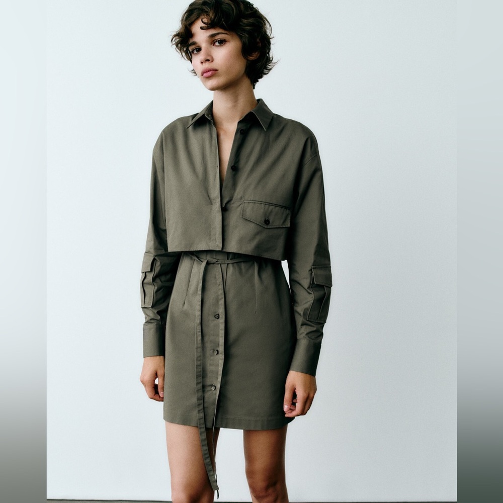 NWT Zara Woman Gabardine Shirtdress Shirt Dress Green Size S Small